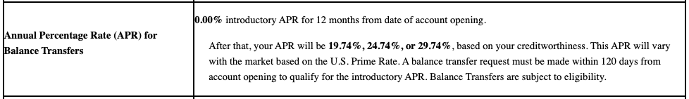 Sample of balance transfer APR in Agreement